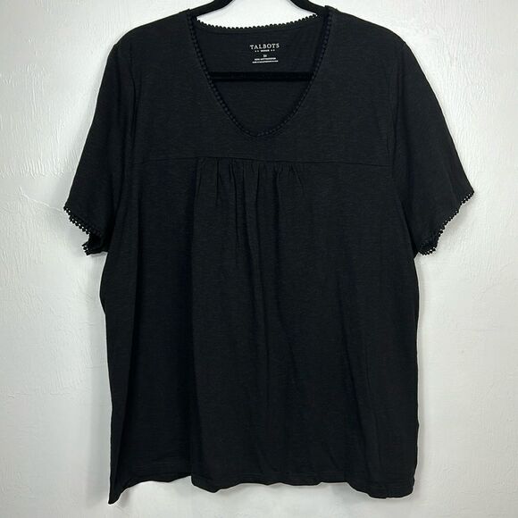 Talbots Black Cotton V-neck Short Sleeve Lace Trim Shirt Top Size 3X - Picture 1 of 7